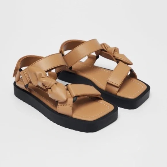Zara | Bow Velcro Sandals In Tan Size 36 - Picture 1 of 11